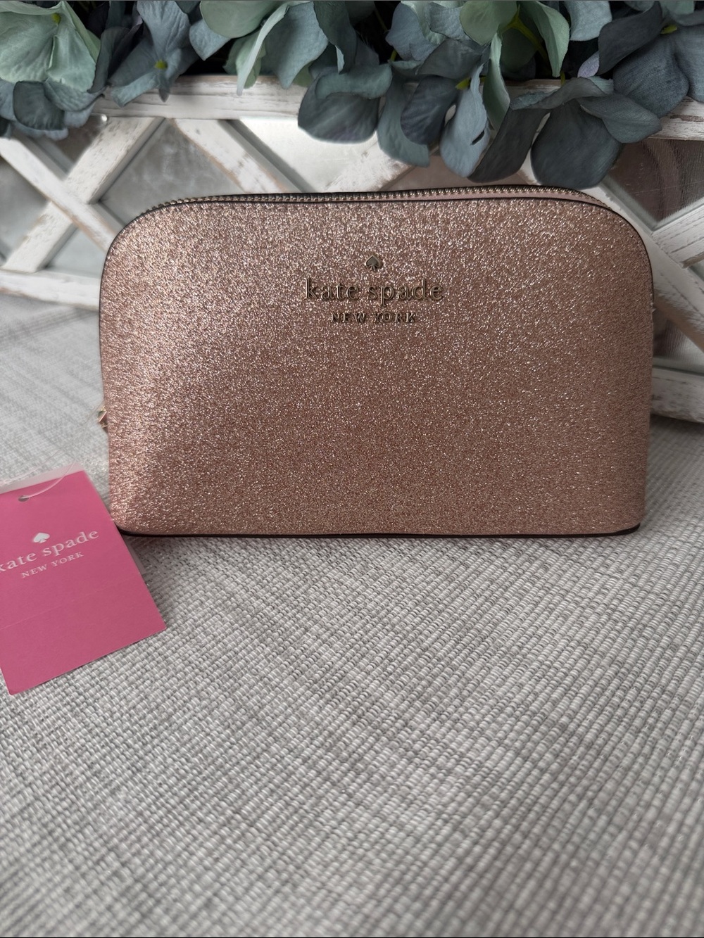 kate spade Rose Gold Glitter Zip Cosmetic Pouch. NWT